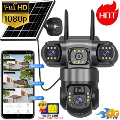 V380 pro 3 lenses 3 screens 4G Camera 15MP PTZ Solar Powered Security CCTV